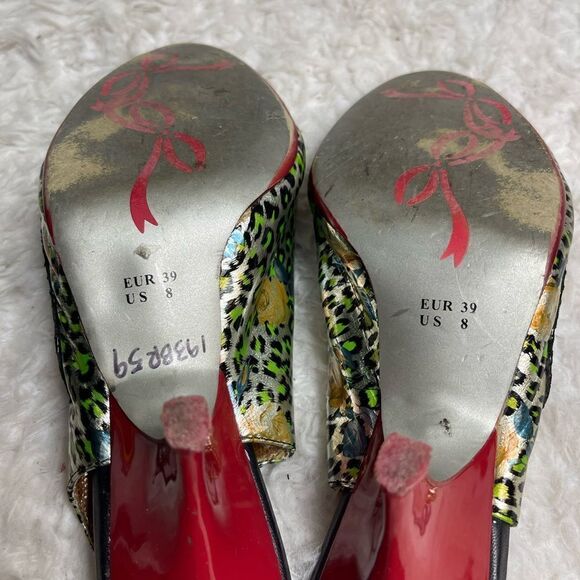 Poetic Licence License Tea Party Leopard Red Rose Peep Toe Heels Size 8 - Picture 8 of 8